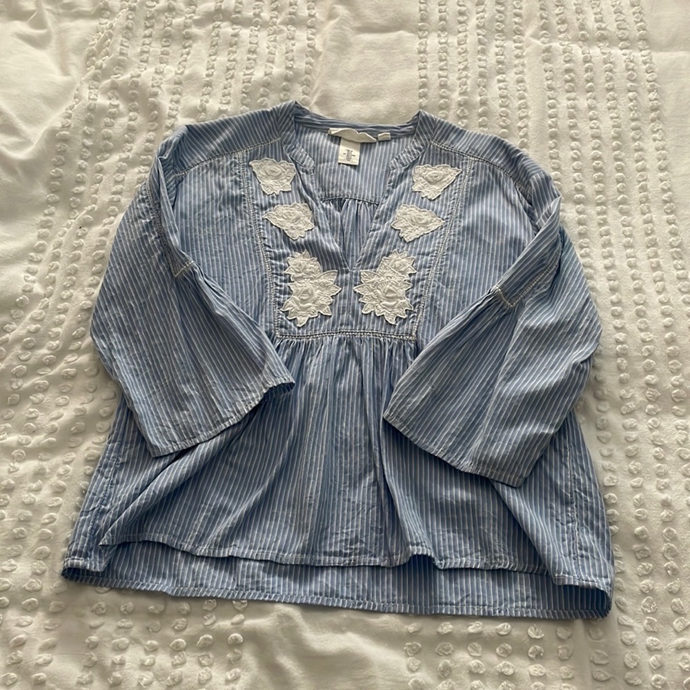 Blue and white peasant blouse
